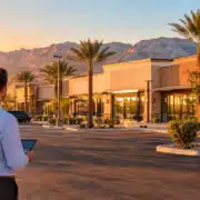 Property manager with a tablet reviewing a Las Vegas retail center at sunset